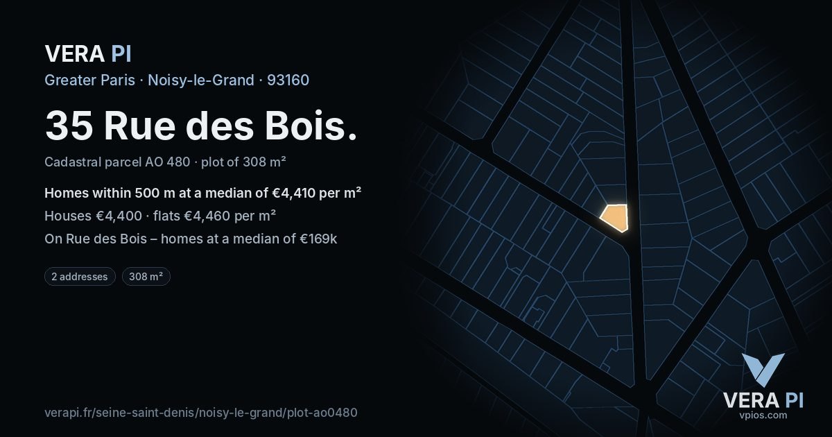 35 Rue des Bois, Noisy-le-Grand at night – the plot lit, the parcels around coloured by the prices near them