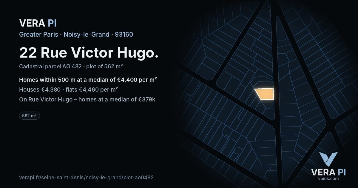 22 Rue Victor Hugo, Noisy-le-Grand at night – the plot lit, the parcels around coloured by the prices near them