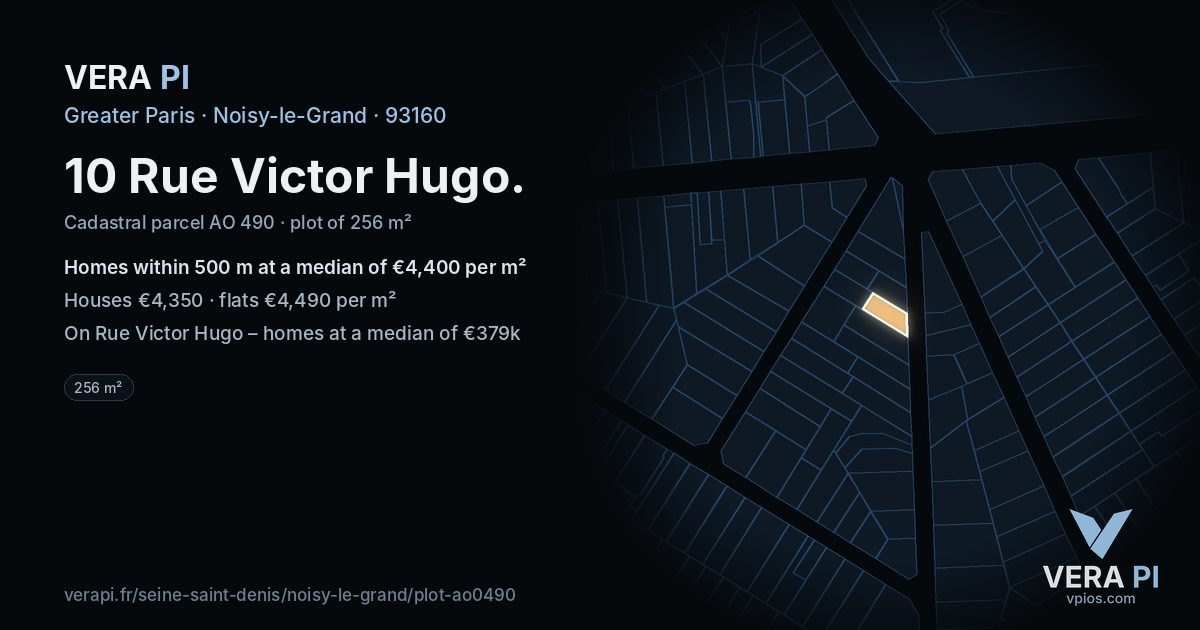 10 Rue Victor Hugo, Noisy-le-Grand at night – the plot lit, the parcels around coloured by the prices near them