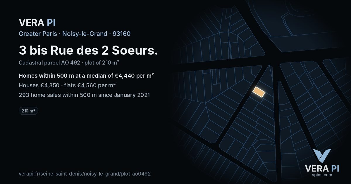3 bis Rue des 2 Soeurs, Noisy-le-Grand at night – the plot lit, the parcels around coloured by the prices near them