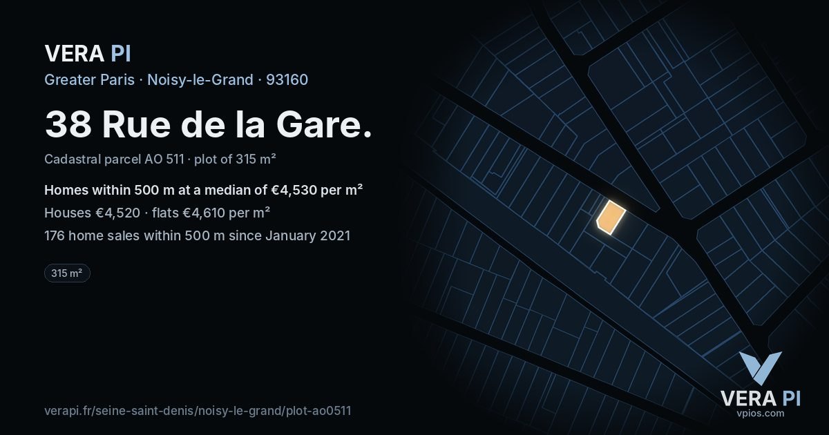 38 Rue de la Gare, Noisy-le-Grand at night – the plot lit, the parcels around coloured by the prices near them
