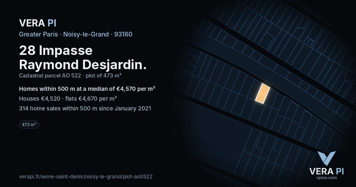 28 Impasse Raymond Desjardin, Noisy-le-Grand at night – the plot lit, the parcels around coloured by the prices near them
