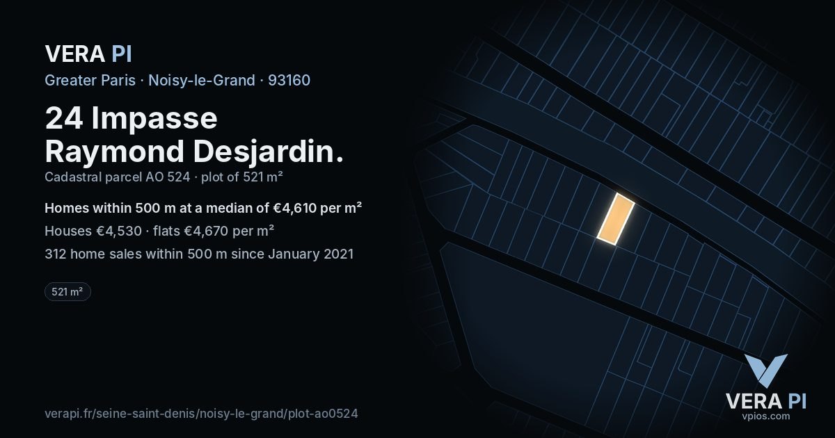 24 Impasse Raymond Desjardin, Noisy-le-Grand at night – the plot lit, the parcels around coloured by the prices near them