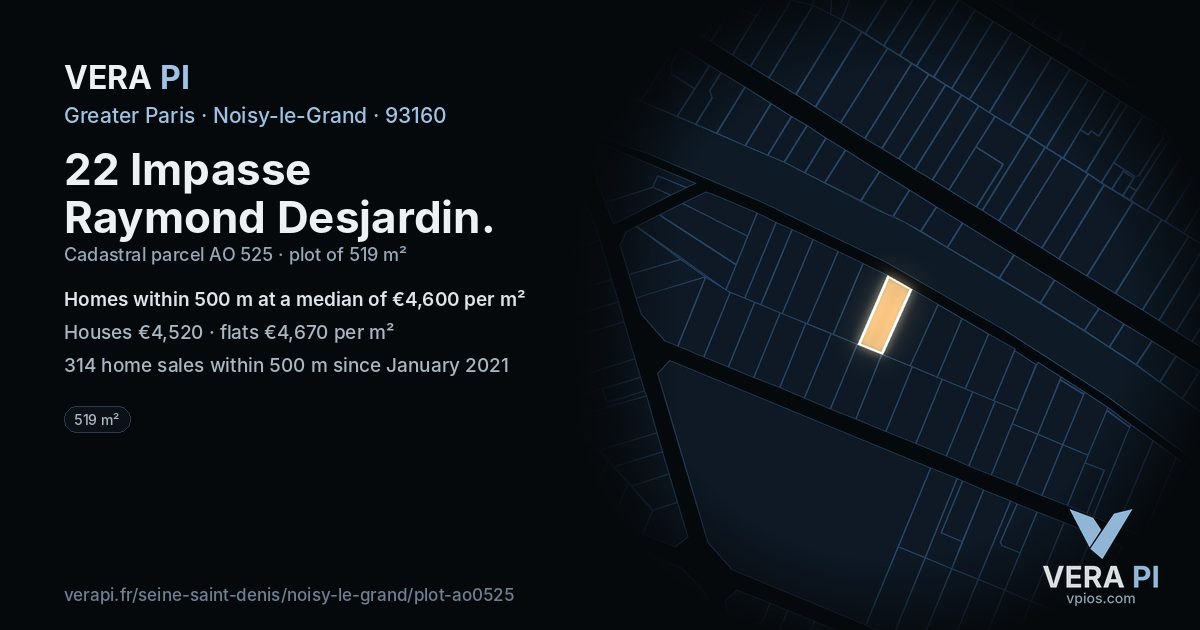 22 Impasse Raymond Desjardin, Noisy-le-Grand at night – the plot lit, the parcels around coloured by the prices near them