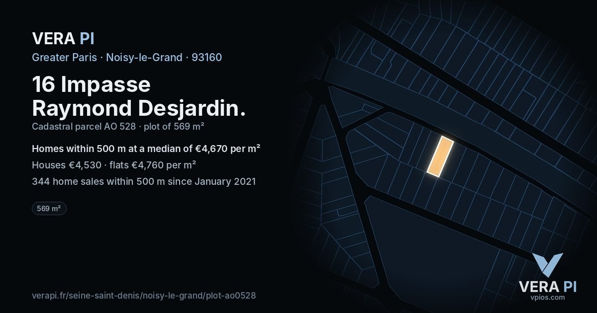16 Impasse Raymond Desjardin, Noisy-le-Grand at night – the plot lit, the parcels around coloured by the prices near them