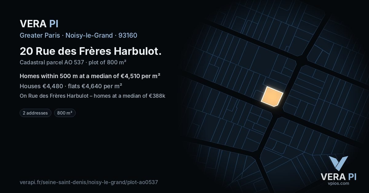 20 Rue des Frères Harbulot, Noisy-le-Grand at night – the plot lit, the parcels around coloured by the prices near them