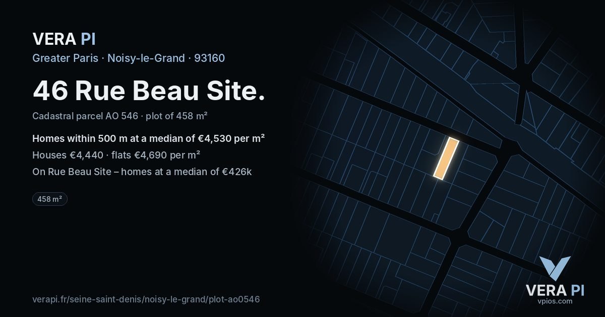 46 Rue Beau Site, Noisy-le-Grand at night – the plot lit, the parcels around coloured by the prices near them