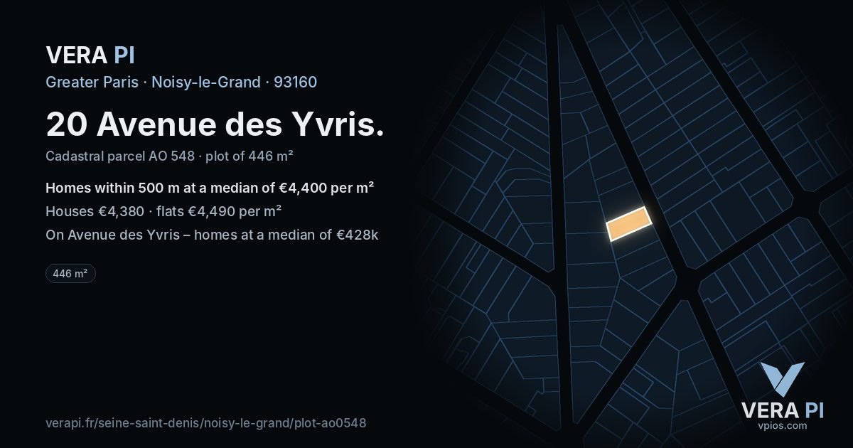 20 Avenue des Yvris, Noisy-le-Grand at night – the plot lit, the parcels around coloured by the prices near them