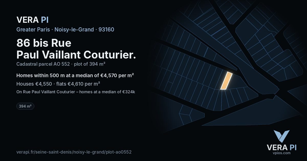 86 bis Rue Paul Vaillant Couturier, Noisy-le-Grand at night – the plot lit, the parcels around coloured by the prices near them