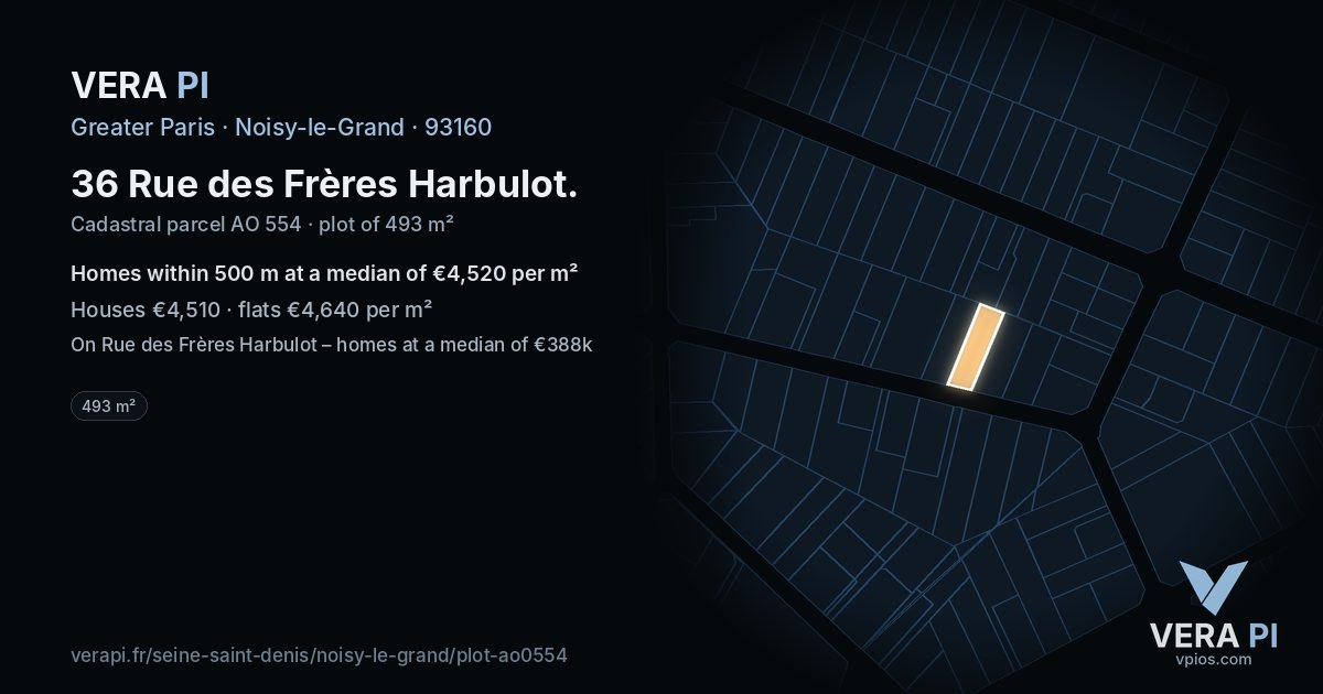 36 Rue des Frères Harbulot, Noisy-le-Grand at night – the plot lit, the parcels around coloured by the prices near them