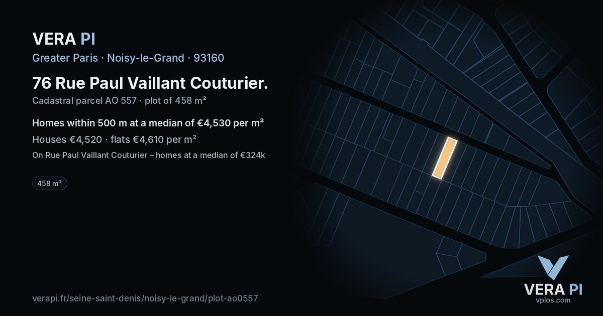 76 Rue Paul Vaillant Couturier, Noisy-le-Grand at night – the plot lit, the parcels around coloured by the prices near them