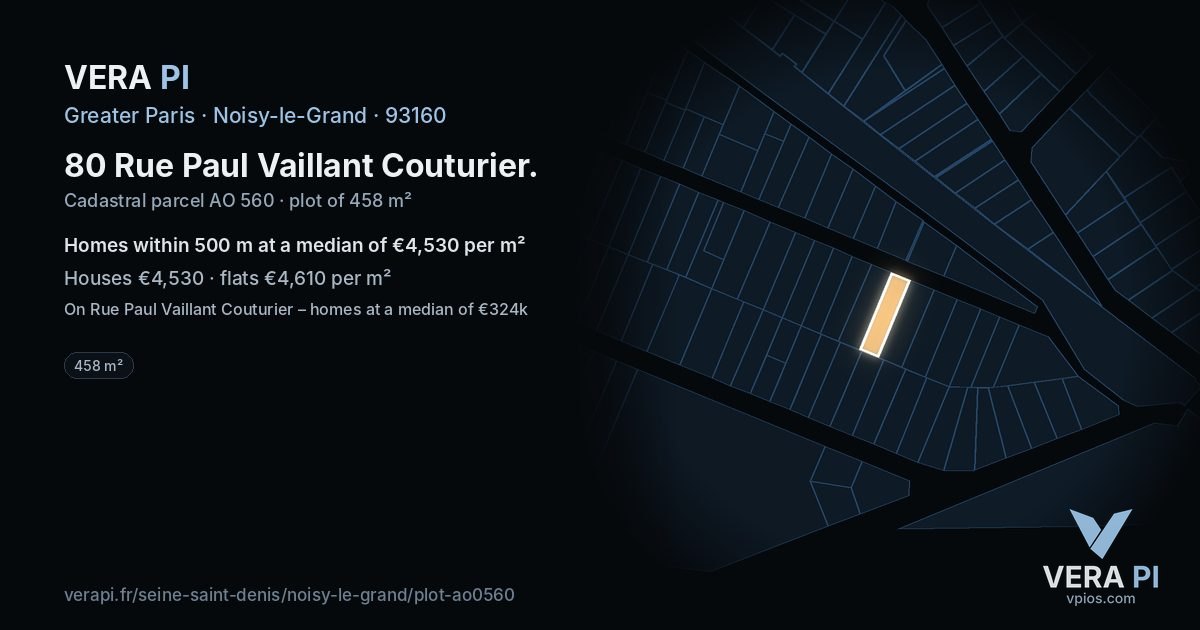 80 Rue Paul Vaillant Couturier, Noisy-le-Grand at night – the plot lit, the parcels around coloured by the prices near them