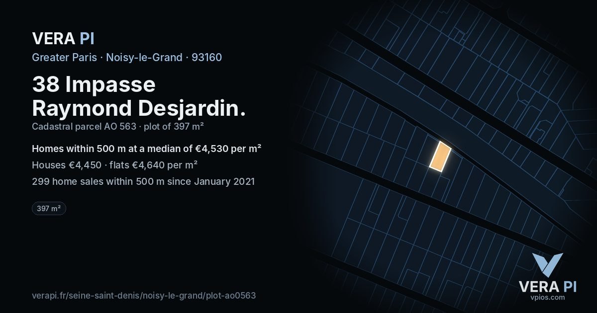 38 Impasse Raymond Desjardin, Noisy-le-Grand at night – the plot lit, the parcels around coloured by the prices near them