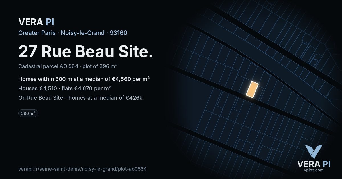 27 Rue Beau Site, Noisy-le-Grand at night – the plot lit, the parcels around coloured by the prices near them
