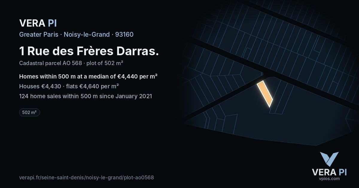 1 Rue des Frères Darras, Noisy-le-Grand at night – the plot lit, the parcels around coloured by the prices near them