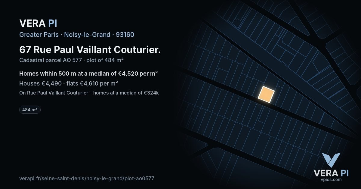 67 Rue Paul Vaillant Couturier, Noisy-le-Grand at night – the plot lit, the parcels around coloured by the prices near them