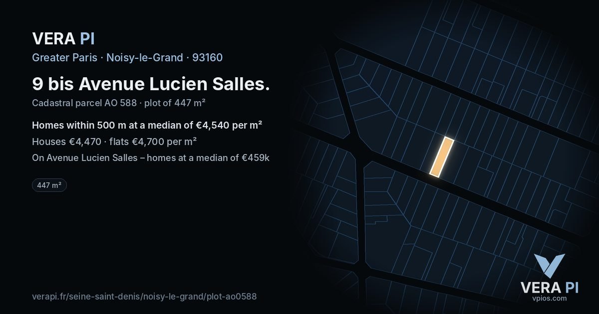 9 bis Avenue Lucien Salles, Noisy-le-Grand at night – the plot lit, the parcels around coloured by the prices near them