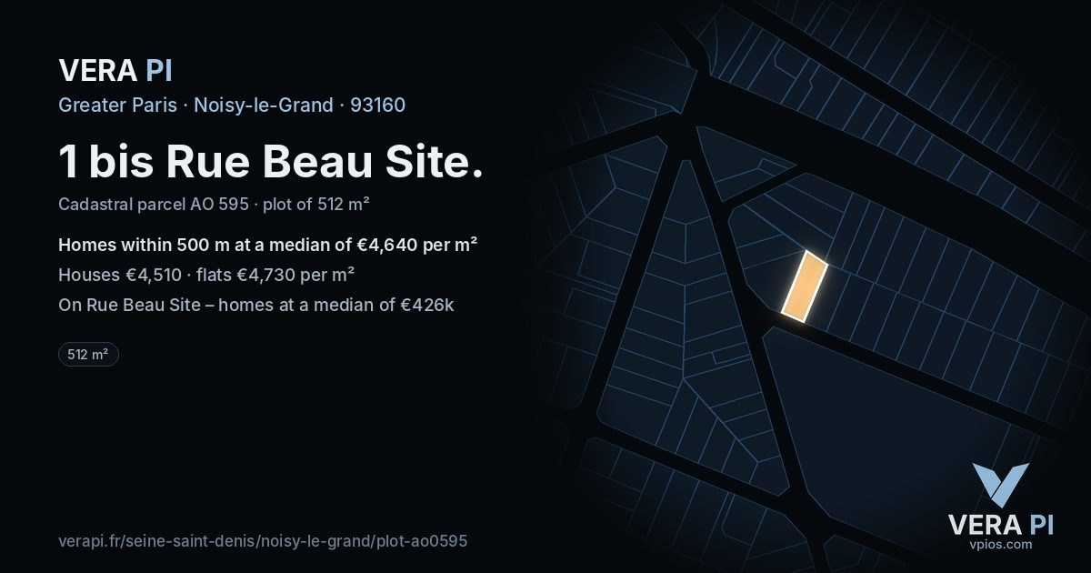 1 bis Rue Beau Site, Noisy-le-Grand at night – the plot lit, the parcels around coloured by the prices near them