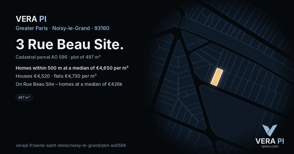 3 Rue Beau Site, Noisy-le-Grand at night – the plot lit, the parcels around coloured by the prices near them