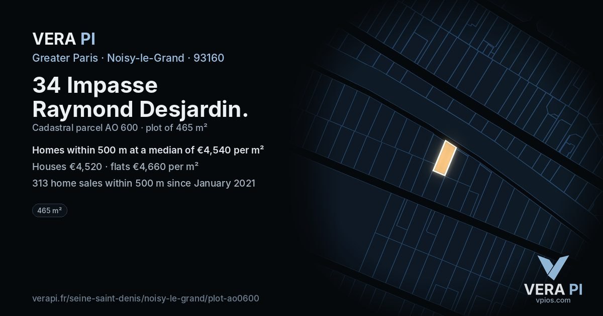 34 Impasse Raymond Desjardin, Noisy-le-Grand at night – the plot lit, the parcels around coloured by the prices near them
