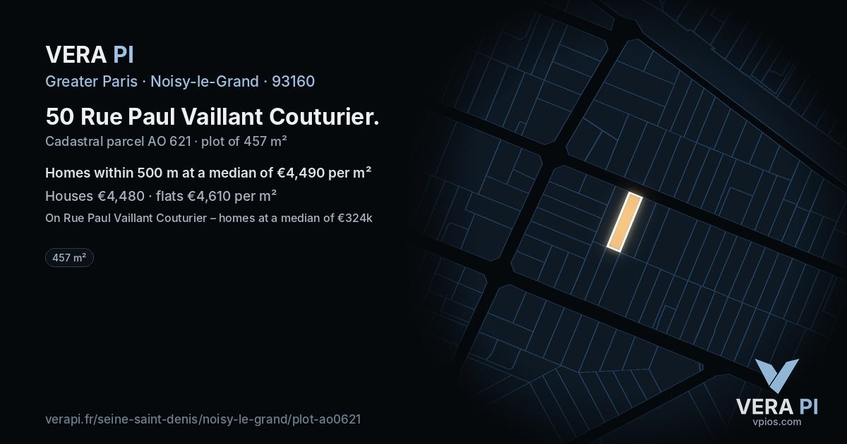 50 Rue Paul Vaillant Couturier, Noisy-le-Grand at night – the plot lit, the parcels around coloured by the prices near them