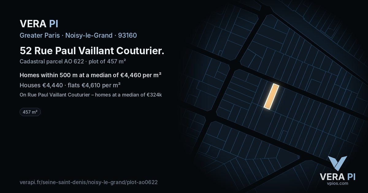 52 Rue Paul Vaillant Couturier, Noisy-le-Grand at night – the plot lit, the parcels around coloured by the prices near them