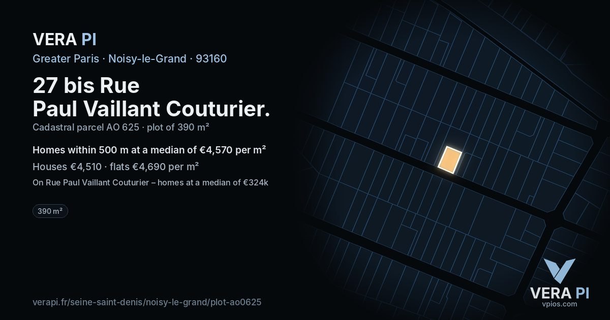 27 bis Rue Paul Vaillant Couturier, Noisy-le-Grand at night – the plot lit, the parcels around coloured by the prices near them