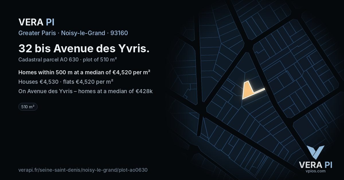32 bis Avenue des Yvris, Noisy-le-Grand at night – the plot lit, the parcels around coloured by the prices near them
