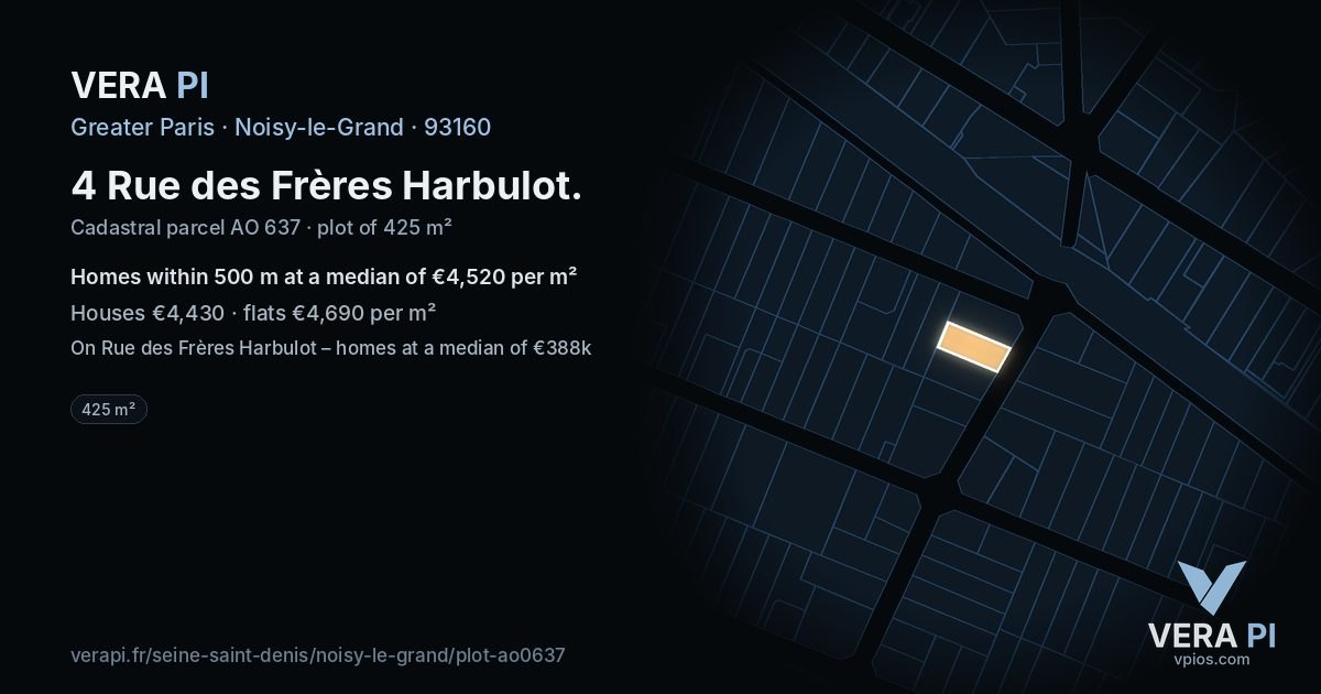 4 Rue des Frères Harbulot, Noisy-le-Grand at night – the plot lit, the parcels around coloured by the prices near them