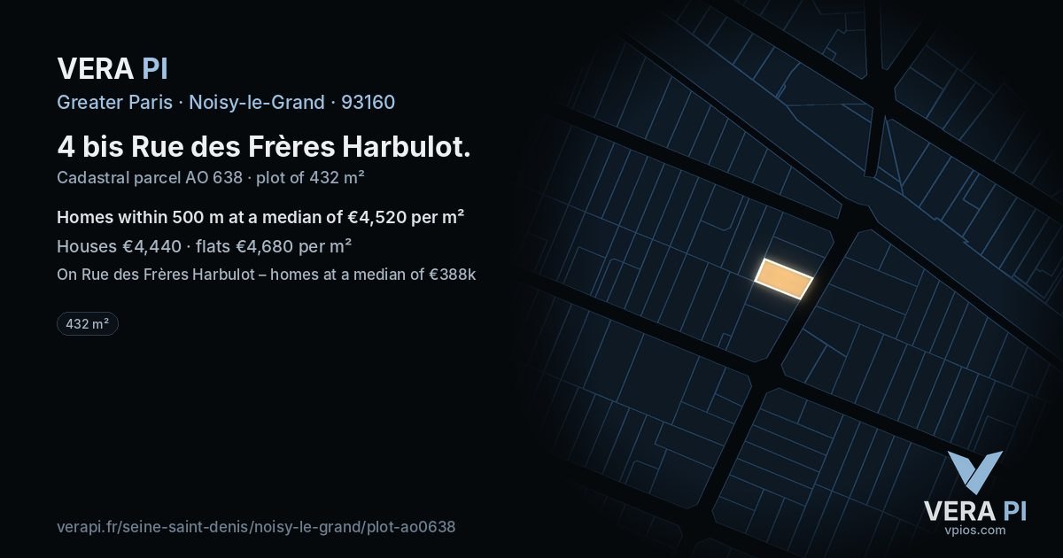 4 bis Rue des Frères Harbulot, Noisy-le-Grand at night – the plot lit, the parcels around coloured by the prices near them