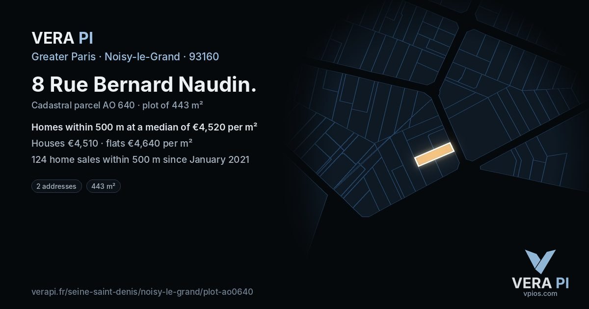 8 Rue Bernard Naudin, Noisy-le-Grand at night – the plot lit, the parcels around coloured by the prices near them