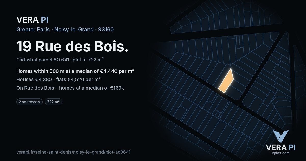 19 Rue des Bois, Noisy-le-Grand at night – the plot lit, the parcels around coloured by the prices near them