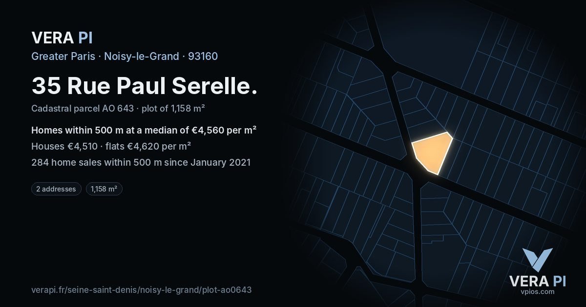 35 Rue Paul Serelle, Noisy-le-Grand at night – the plot lit, the parcels around coloured by the prices near them