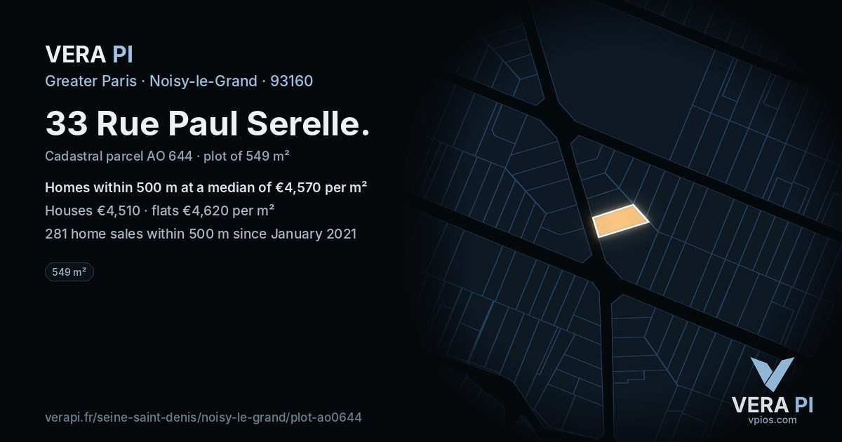 33 Rue Paul Serelle, Noisy-le-Grand at night – the plot lit, the parcels around coloured by the prices near them
