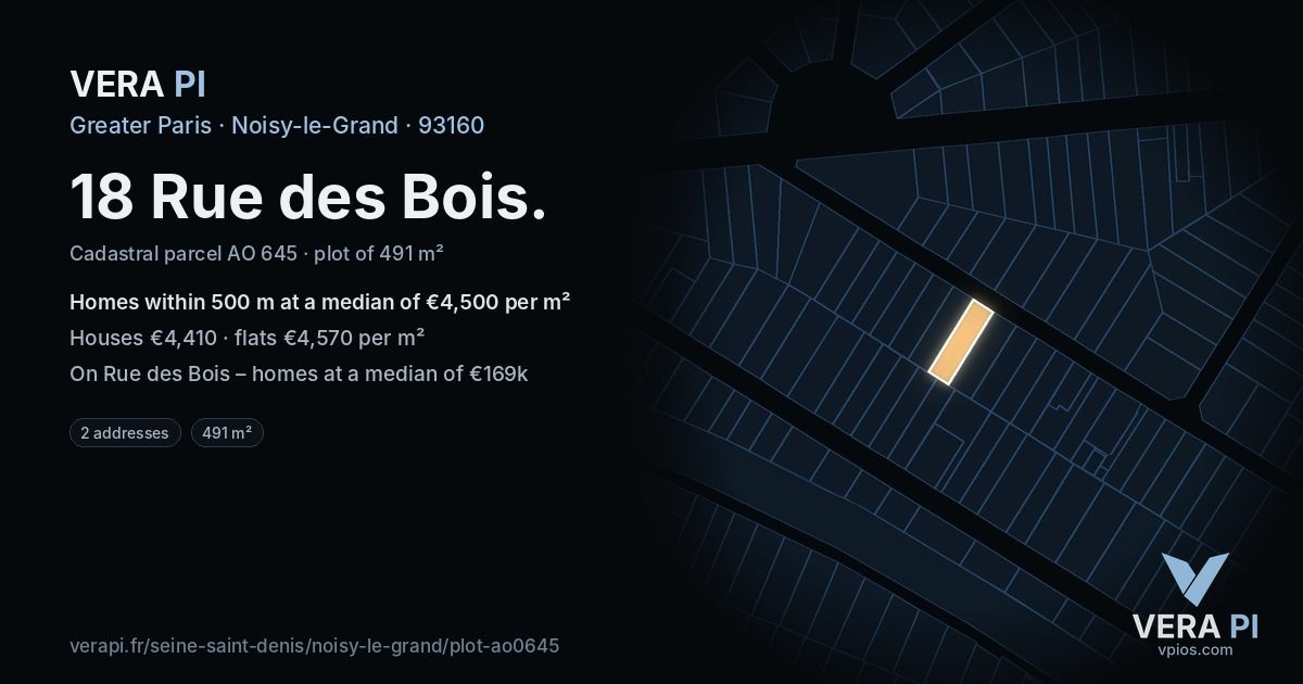 18 Rue des Bois, Noisy-le-Grand at night – the plot lit, the parcels around coloured by the prices near them