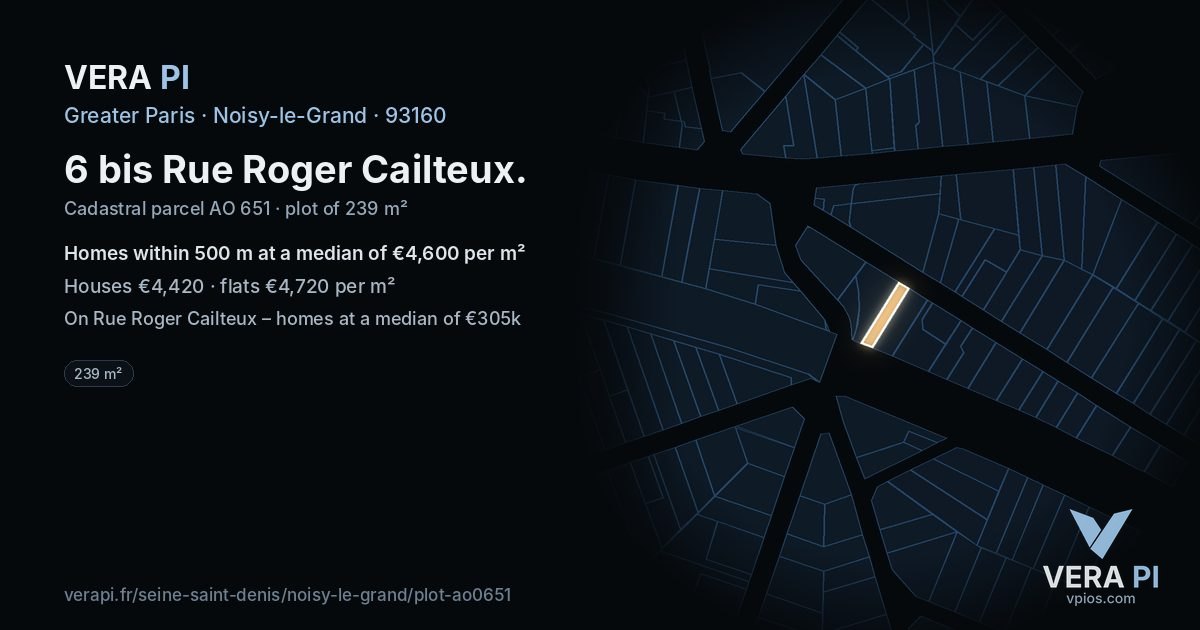 6 bis Rue Roger Cailteux, Noisy-le-Grand at night – the plot lit, the parcels around coloured by the prices near them
