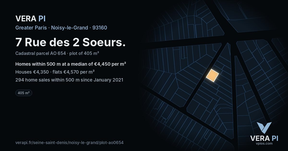 7 Rue des 2 Soeurs, Noisy-le-Grand at night – the plot lit, the parcels around coloured by the prices near them