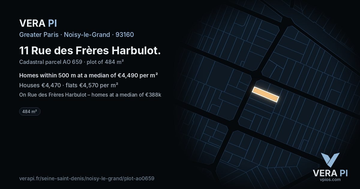 11 Rue des Frères Harbulot, Noisy-le-Grand at night – the plot lit, the parcels around coloured by the prices near them