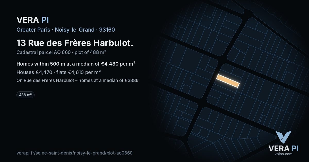 13 Rue des Frères Harbulot, Noisy-le-Grand at night – the plot lit, the parcels around coloured by the prices near them