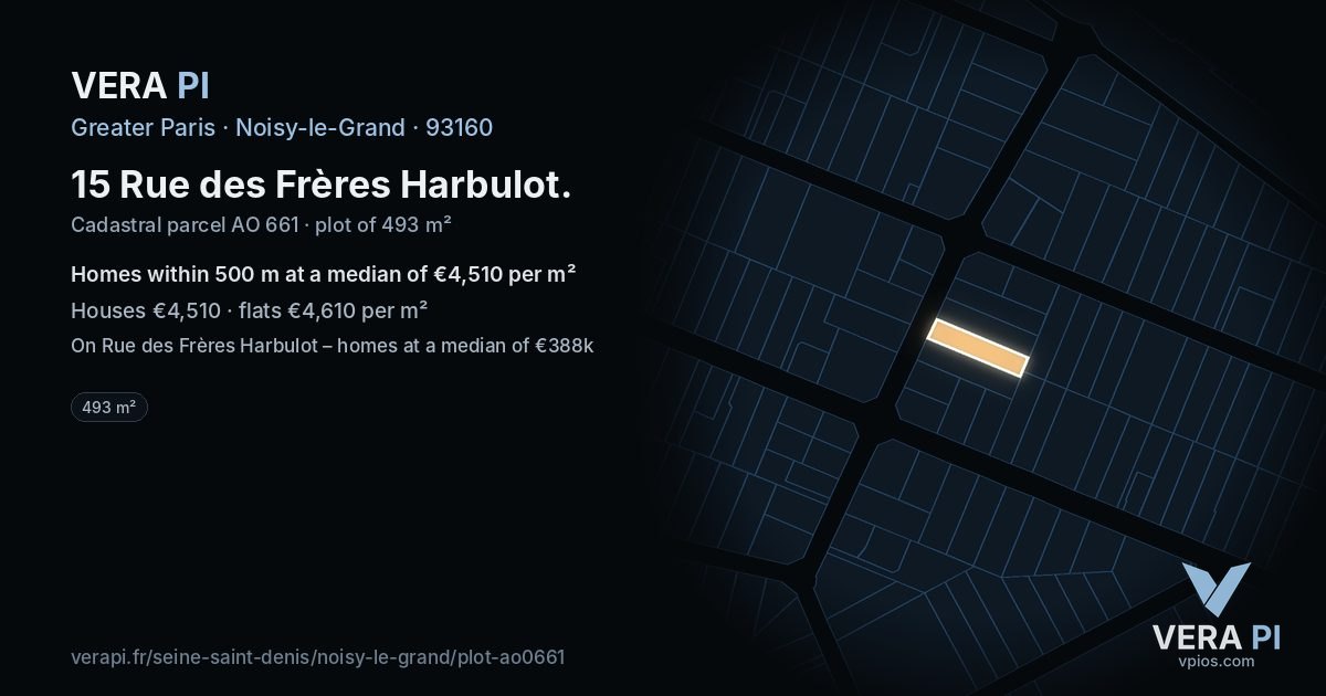 15 Rue des Frères Harbulot, Noisy-le-Grand at night – the plot lit, the parcels around coloured by the prices near them