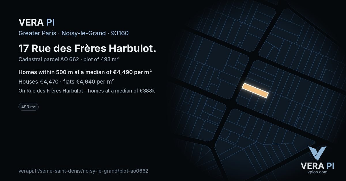17 Rue des Frères Harbulot, Noisy-le-Grand at night – the plot lit, the parcels around coloured by the prices near them
