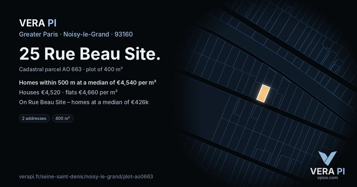 25 Rue Beau Site, Noisy-le-Grand at night – the plot lit, the parcels around coloured by the prices near them