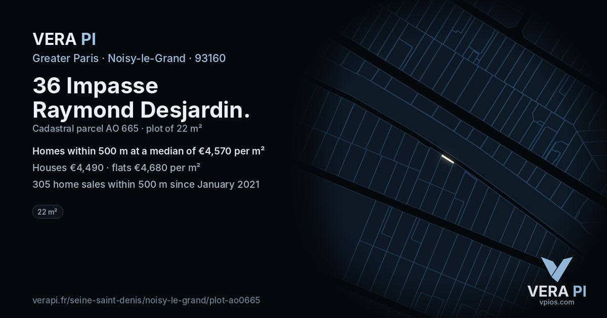 36 Impasse Raymond Desjardin, Noisy-le-Grand at night – the plot lit, the parcels around coloured by the prices near them