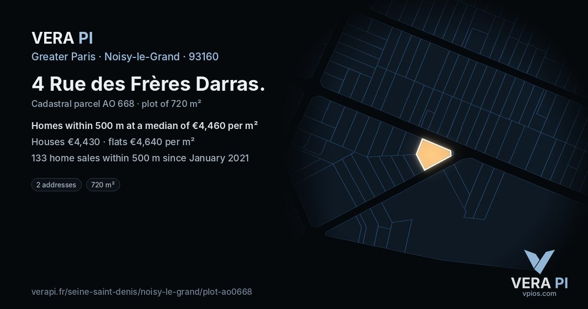 4 Rue des Frères Darras, Noisy-le-Grand at night – the plot lit, the parcels around coloured by the prices near them
