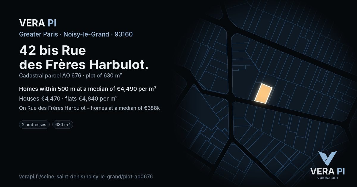 42 bis Rue des Frères Harbulot, Noisy-le-Grand at night – the plot lit, the parcels around coloured by the prices near them