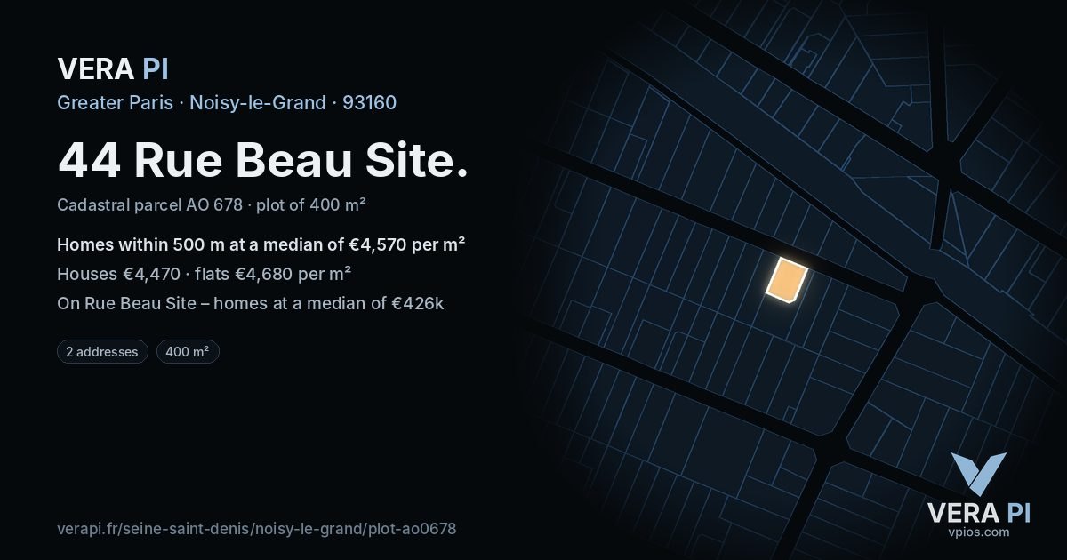 44 Rue Beau Site, Noisy-le-Grand at night – the plot lit, the parcels around coloured by the prices near them