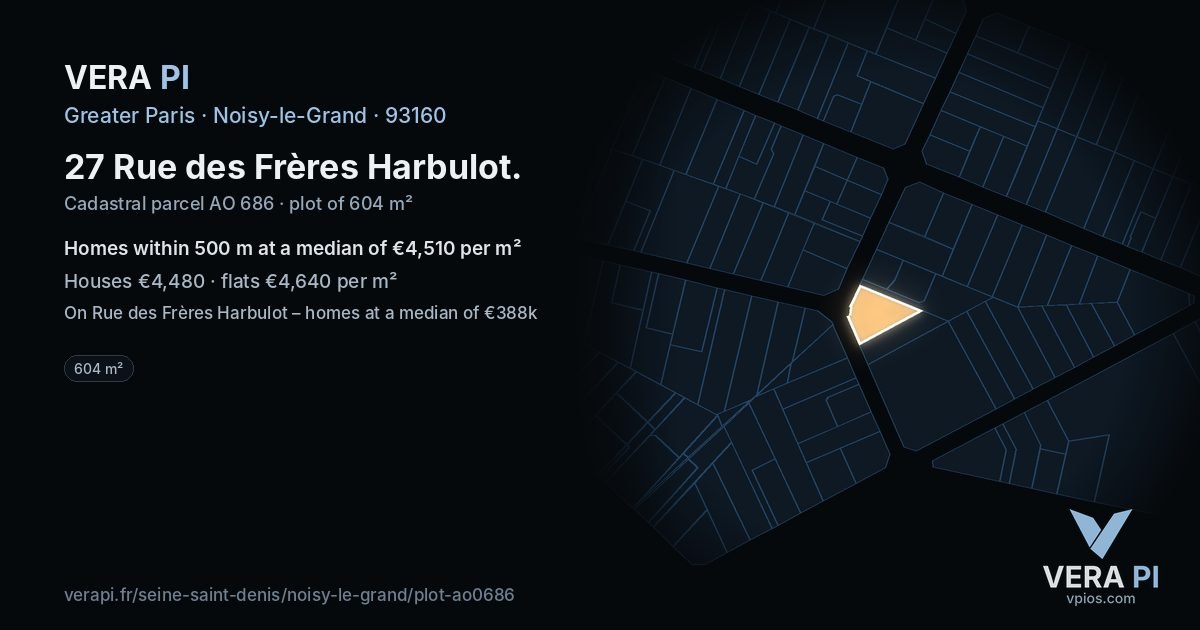 27 Rue des Frères Harbulot, Noisy-le-Grand at night – the plot lit, the parcels around coloured by the prices near them