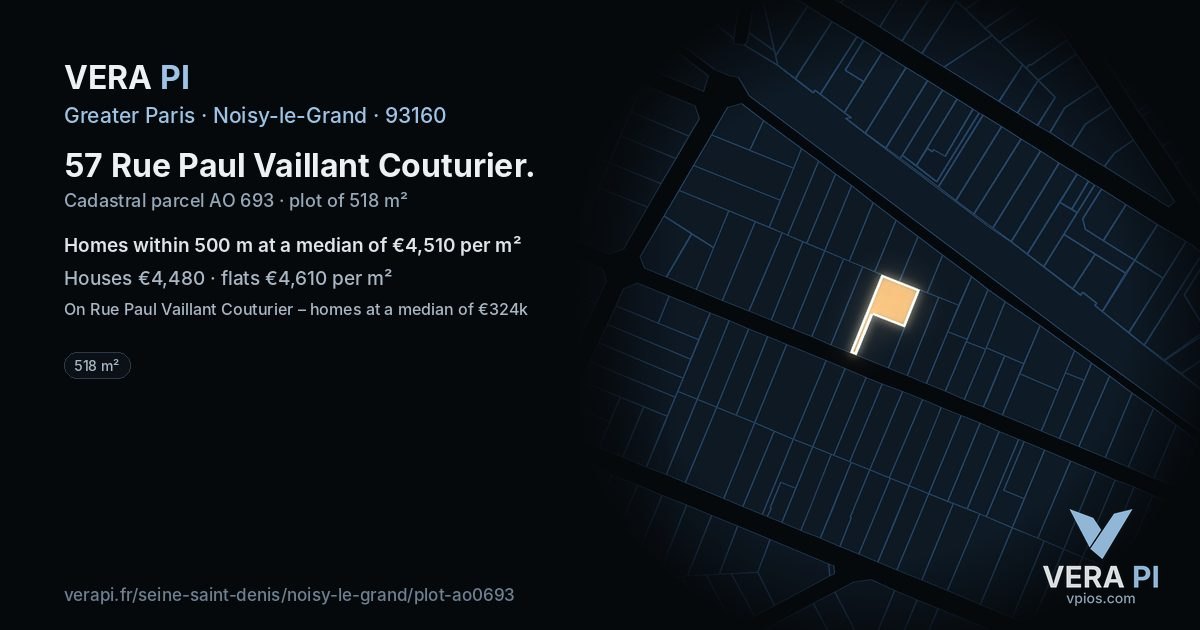 57 Rue Paul Vaillant Couturier, Noisy-le-Grand at night – the plot lit, the parcels around coloured by the prices near them