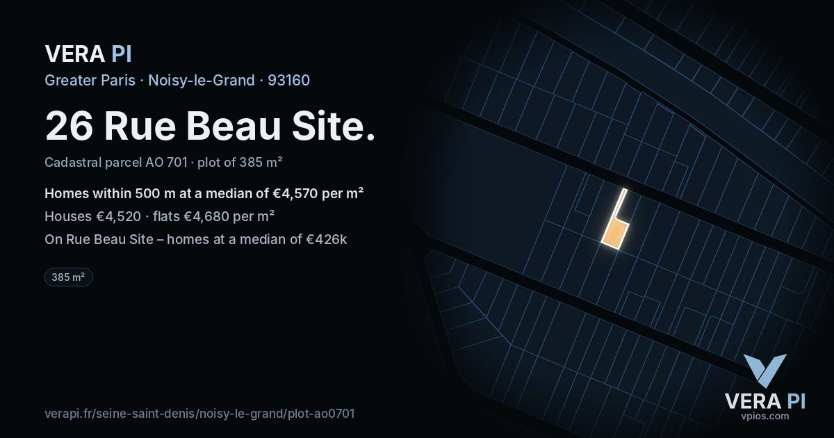 26 Rue Beau Site, Noisy-le-Grand at night – the plot lit, the parcels around coloured by the prices near them