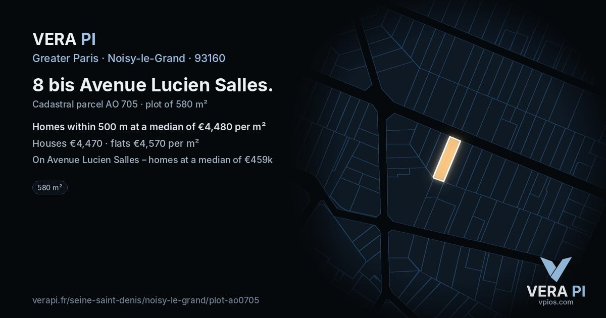 8 bis Avenue Lucien Salles, Noisy-le-Grand at night – the plot lit, the parcels around coloured by the prices near them